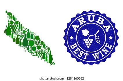 Vector collage of wine map of Aruba Island and best grape wine grunge seal stamp. Map of Aruba Island collage created with bottles and grape berries bunches.