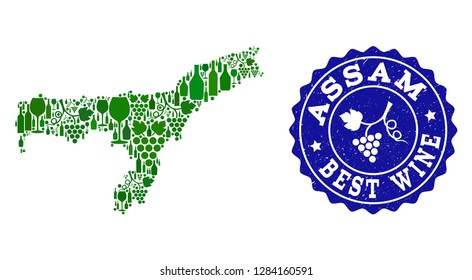 Vector collage of wine map of Assam State and best grape wine grunge seal. Map of Assam State collage designed with bottles and grape berries bunches.