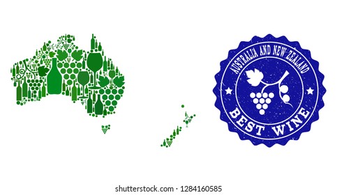 Vector collage of wine map of Australia and New Zealand and best grape wine grunge watermark. Map of Australia and New Zealand collage created with bottles and grape berries bunches.