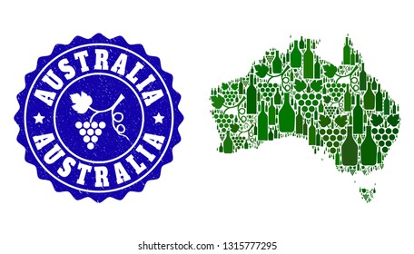 Vector collage of wine map of Australia and grape grunge seal. Map of Australia collage formed with bottles and grape berries bunches.