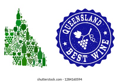 Vector collage of wine map of Australian Queensland and best grape wine grunge seal. Map of Australian Queensland collage designed with bottles and grape berries bunches.