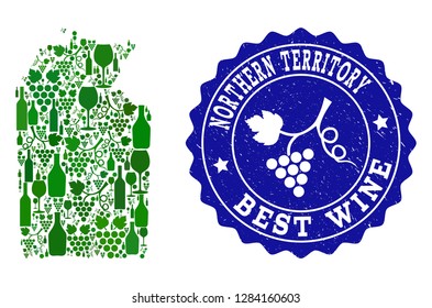 Vector collage of wine map of Australian Northern Territory and best grape wine grunge seal stamp. Map of Australian Northern Territory collage created with bottles and grape berries bunches.