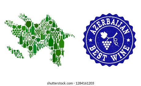 Vector collage of wine map of Azerbaijan and best grape wine grunge watermark. Map of Azerbaijan collage composed with bottles and grape berries bunches.