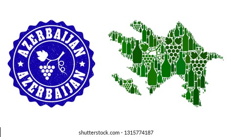 Vector collage of wine map of Azerbaijan and grape grunge stamp. Map of Azerbaijan collage designed with bottles and grape berries bunches.