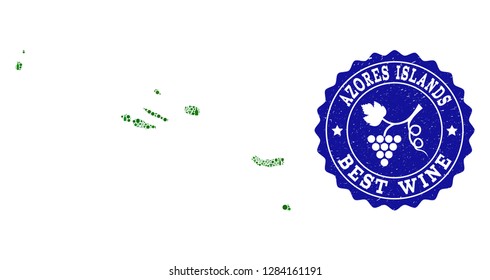 Vector collage of wine map of Azores Islands and best grape wine grunge seal stamp. Map of Azores Islands collage created with bottles and grape berries bunches.