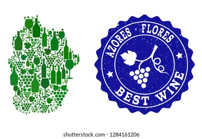 Vector collage of wine map of Azores - Flores Island and best grape wine grunge watermark. Map of Azores - Flores Island collage designed with bottles and grape berries bunches.