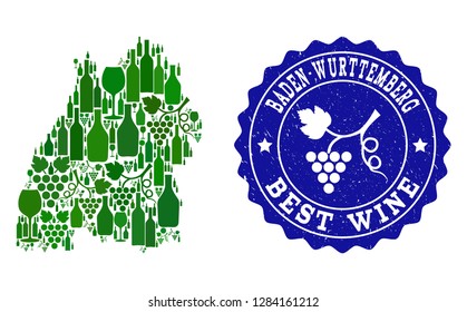 Vector collage of wine map of Baden-Wurttemberg State and best grape wine grunge watermark. Map of Baden-Wurttemberg State collage composed with bottles and grape berries bunches.