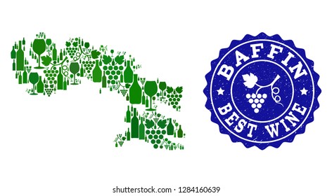 Vector collage of wine map of Baffin Island and best grape wine grunge stamp. Map of Baffin Island collage composed with bottles and grape berries bunches.