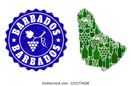 Vector collage of wine map of Barbados and grape grunge seal stamp. Map of Barbados collage composed with bottles and grape berries bunches.