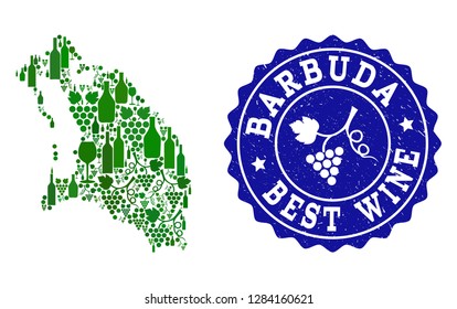 Vector collage of wine map of Barbuda Island and best grape wine grunge seal. Map of Barbuda Island collage formed with bottles and grape berries bunches.