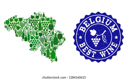 Vector collage of wine map of Belgium and best grape wine grunge stamp. Map of Belgium collage composed with bottles and grape berries bunches.