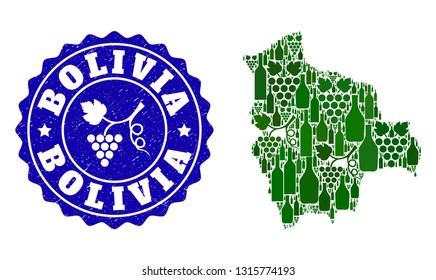 Vector collage of wine map of Bolivia and grape grunge stamp. Map of Bolivia collage formed with bottles and grape berries bunches.
