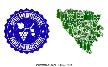 Vector collage of wine map of Bosnia and Herzegovina and grape grunge seal stamp. Map of Bosnia and Herzegovina collage formed with bottles and grape berries bunches.