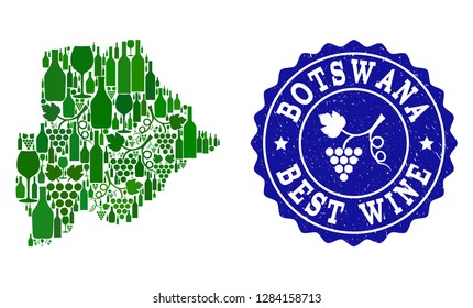 Vector collage of wine map of Botswana and best grape wine grunge seal stamp. Map of Botswana collage created with bottles and grape berries bunches.