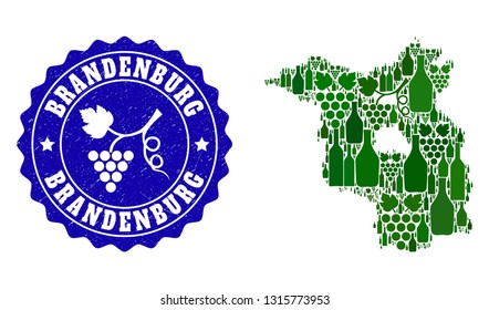 Vector collage of wine map of Brandenburg State and grape grunge stamp. Map of Brandenburg State collage formed with bottles and grape berries bunches.