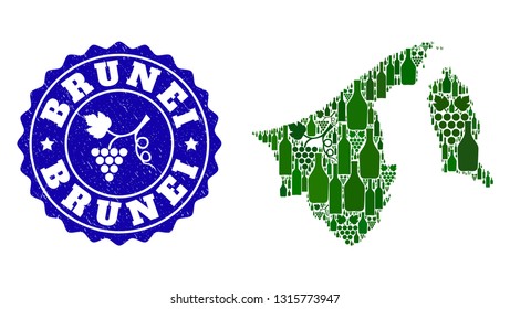Vector collage of wine map of Brunei and grape grunge seal. Map of Brunei collage formed with bottles and grape berries bunches.