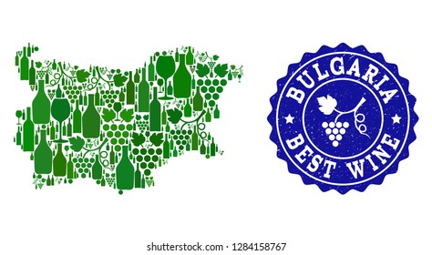 Vector collage of wine map of Bulgaria and best grape wine grunge seal. Map of Bulgaria collage composed with bottles and grape berries bunches.