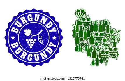 Vector collage of wine map of Burgundy Province and grape grunge seal stamp. Map of Burgundy Province collage composed with bottles and grape berries bunches.