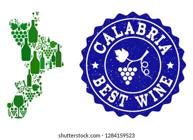 Vector collage of wine map of Calabria region and best grape wine grunge seal stamp. Map of Calabria region collage composed with bottles and grape berries bunches.