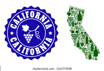 Vector collage of wine map of California and grape grunge stamp. Map of California collage created with bottles and grape berries bunches.