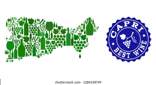 Vector collage of wine map of Capri Island and best grape wine grunge seal. Map of Capri Island collage composed with bottles and grape berries bunches.