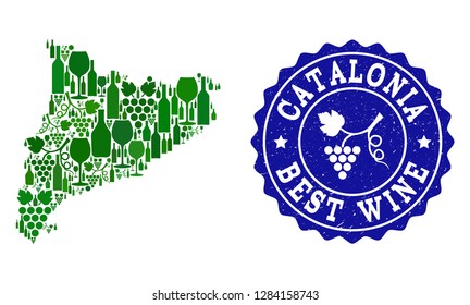 Vector collage of wine map of Catalonia and best grape wine grunge seal. Map of Catalonia collage created with bottles and grape berries bunches.