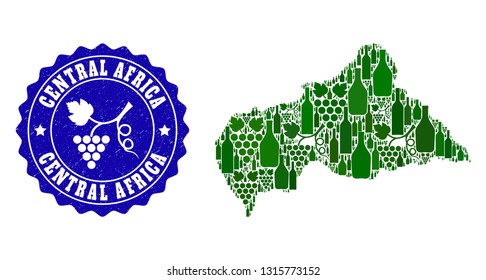 Vector collage of wine map of Central African Republic and grape grunge seal. Map of Central African Republic collage formed with bottles and grape berries bunches.