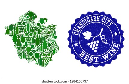 Vector collage of wine map of Chandigarh City and best grape wine grunge seal. Map of Chandigarh City collage created with bottles and grape berries bunches.