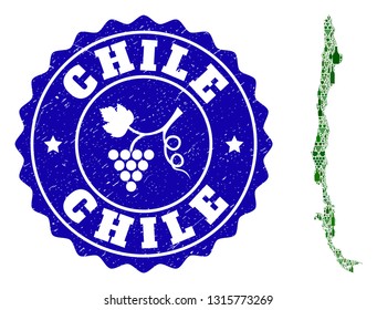 Vector collage of wine map of Chile and grape grunge stamp. Map of Chile collage formed with bottles and grape berries bunches.