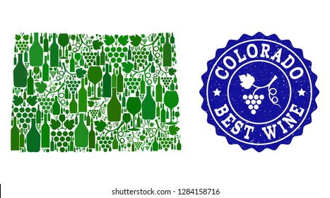 Vector collage of wine map of Colorado State and best grape wine grunge stamp. Map of Colorado State collage formed with bottles and grape berries bunches.