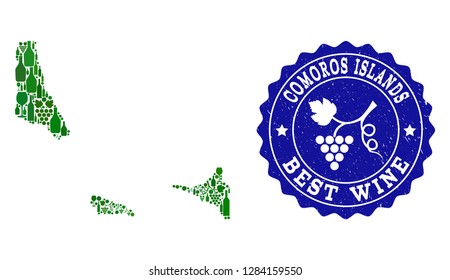 Vector collage of wine map of Comoros Islands and best grape wine grunge seal stamp. Map of Comoros Islands collage composed with bottles and grape berries bunches.