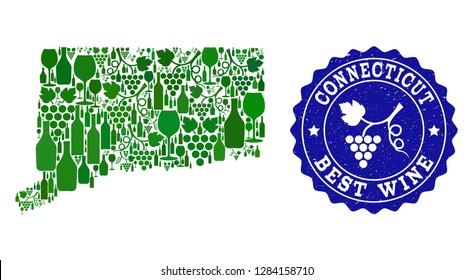 Vector collage of wine map of Connecticut State and best grape wine grunge seal. Map of Connecticut State collage formed with bottles and grape berries bunches.