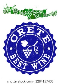 Vector collage of wine map of Crete Island and best grape wine grunge stamp. Map of Crete Island collage composed with bottles and grape berries bunches.