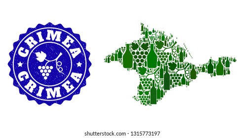 Vector collage of wine map of Crimea and grape grunge seal. Map of Crimea collage created with bottles and grape berries bunches.