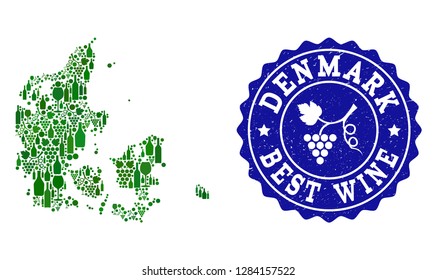 Vector collage of wine map of Denmark and best grape wine grunge seal. Map of Denmark collage designed with bottles and grape berries bunches.