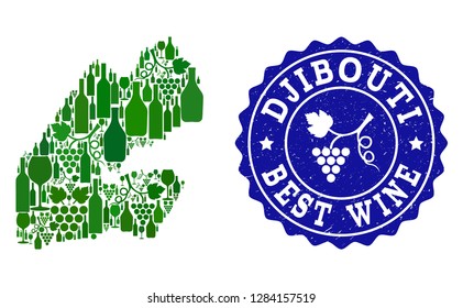 Vector collage of wine map of Djibouti and best grape wine grunge stamp. Map of Djibouti collage composed with bottles and grape berries bunches.