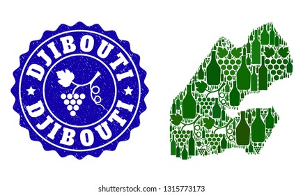 Vector collage of wine map of Djibouti and grape grunge seal. Map of Djibouti collage designed with bottles and grape berries bunches.