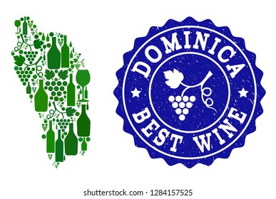 Vector collage of wine map of Dominica Island and best grape wine grunge seal. Map of Dominica Island collage composed with bottles and grape berries bunches.