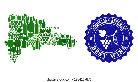 Vector collage of wine map of Dominican Republic and best grape wine grunge seal. Map of Dominican Republic collage composed with bottles and grape berries bunches.