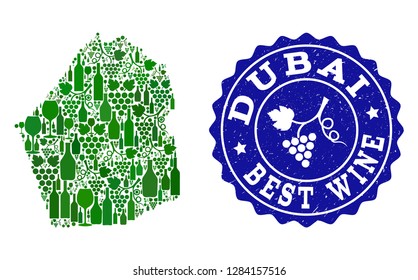 Vector collage of wine map of Dubai Emirate and best grape wine grunge seal. Map of Dubai Emirate collage formed with bottles and grape berries bunches.
