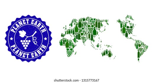 Vector collage of wine map of Earth and grape grunge stamp. Map of Earth collage formed with bottles and grape berries bunches.