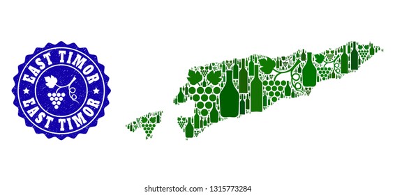 Vector collage of wine map of East Timor and grape grunge seal. Map of East Timor collage formed with bottles and grape berries bunches.