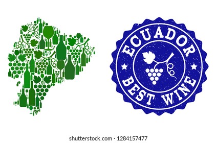 Vector collage of wine map of Ecuador and best grape wine grunge stamp. Map of Ecuador collage composed with bottles and grape berries bunches.