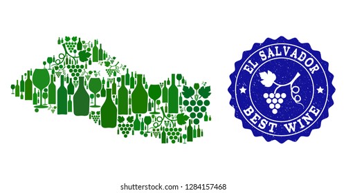 Vector collage of wine map of El Salvador and best grape wine grunge seal. Map of El Salvador collage formed with bottles and grape berries bunches.