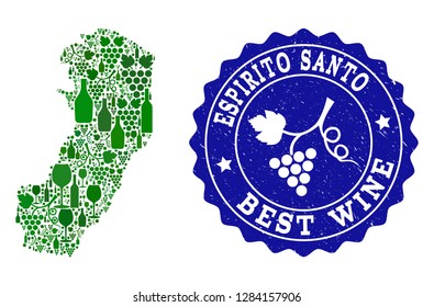 Vector collage of wine map of Espirito Santo State and best grape wine grunge seal. Map of Espirito Santo State collage designed with bottles and grape berries bunches.