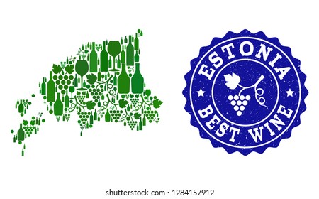 Vector collage of wine map of Estonia and best grape wine grunge seal stamp. Map of Estonia collage designed with bottles and grape berries bunches.
