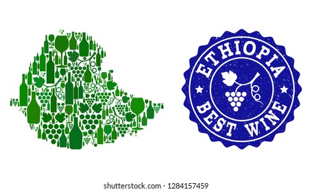 Vector collage of wine map of Ethiopia and best grape wine grunge seal stamp. Map of Ethiopia collage composed with bottles and grape berries bunches.