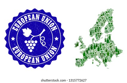 Vector collage of wine map of Euro Union and grape grunge seal. Map of Euro Union collage designed with bottles and grape berries bunches.