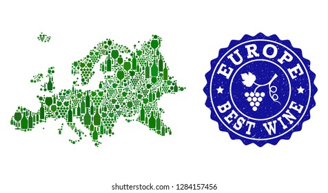 Vector collage of wine map of Europe and best grape wine grunge stamp. Map of Europe collage created with bottles and grape berries bunches.