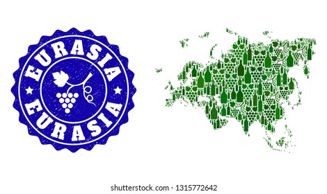 Vector collage of wine map of Europe and Asia and grape grunge stamp. Map of Europe and Asia collage formed with bottles and grape berries bunches.